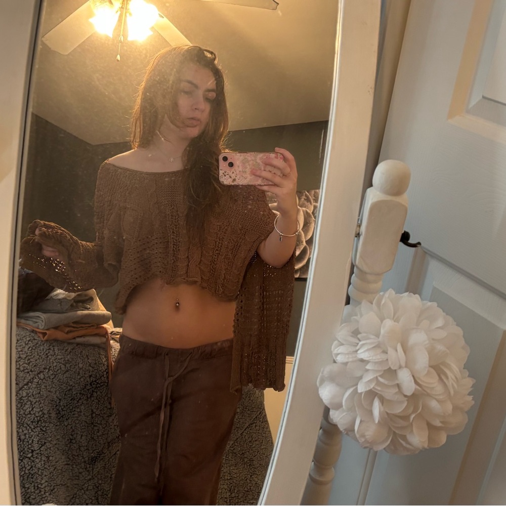 Brown Off-Shoulder Knit Sweater